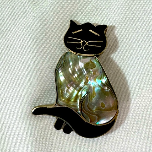 Jewelry - VINTAGE ABALONE INLAY CAT BROOCH, PIN, MEXICO,  ALPACA